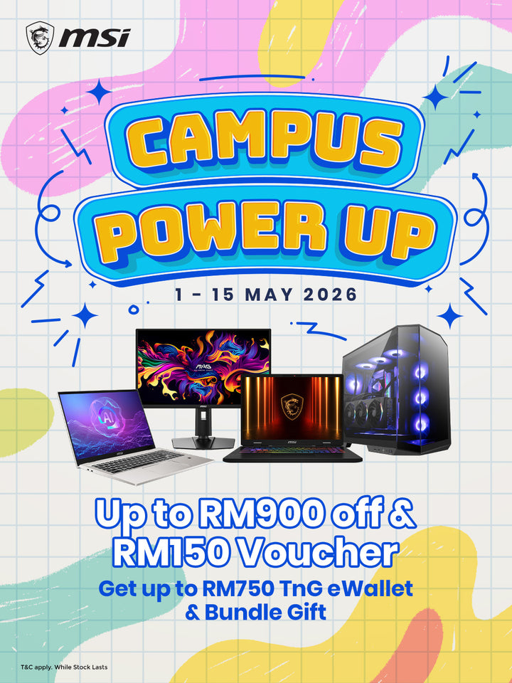 Promotional poster for MSI 'Campus Power Up' event with computer hardware and colorful design.