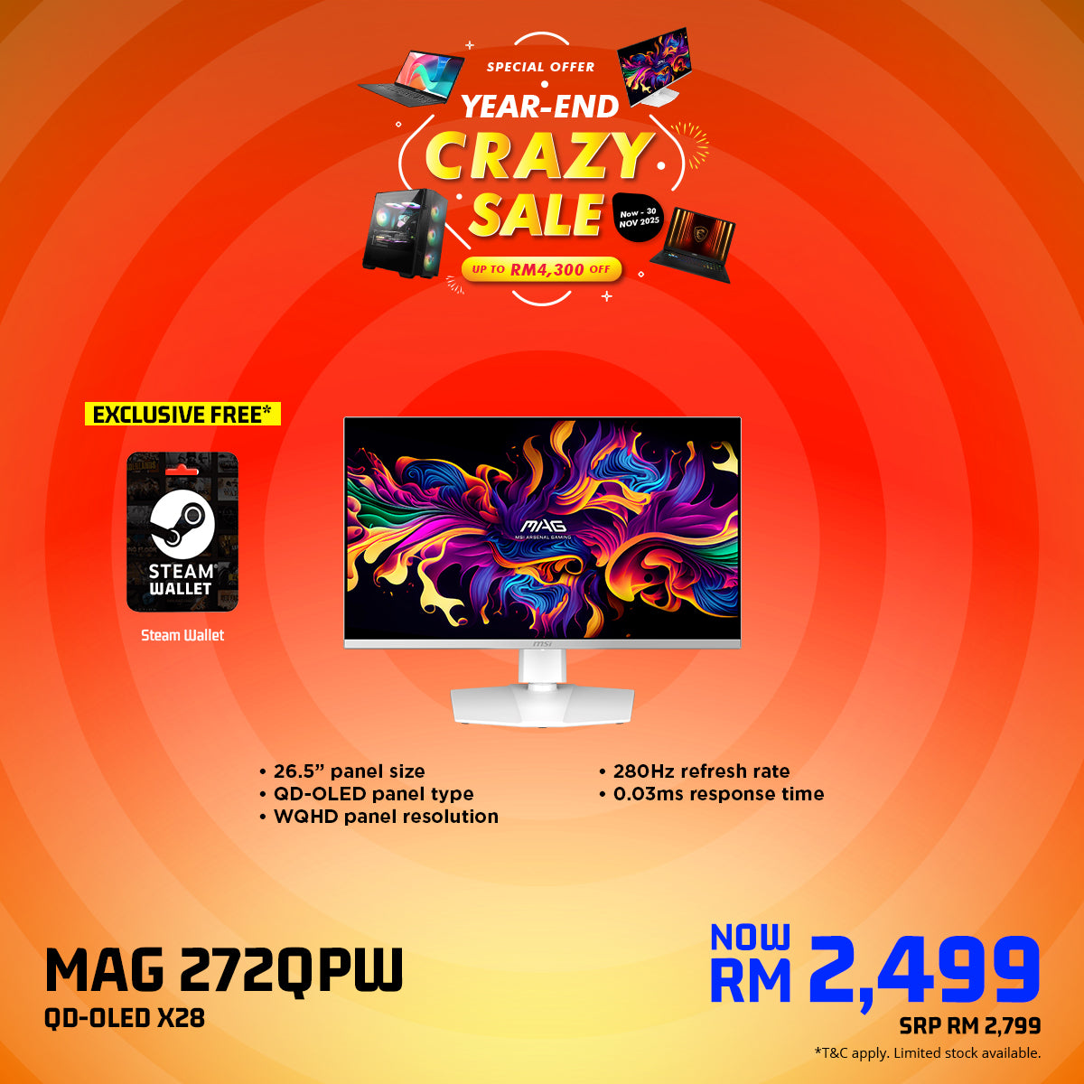 MSI MAG 272QPW QD-OLED X28 26.5" WQHD 280Hz Gaming Monitor