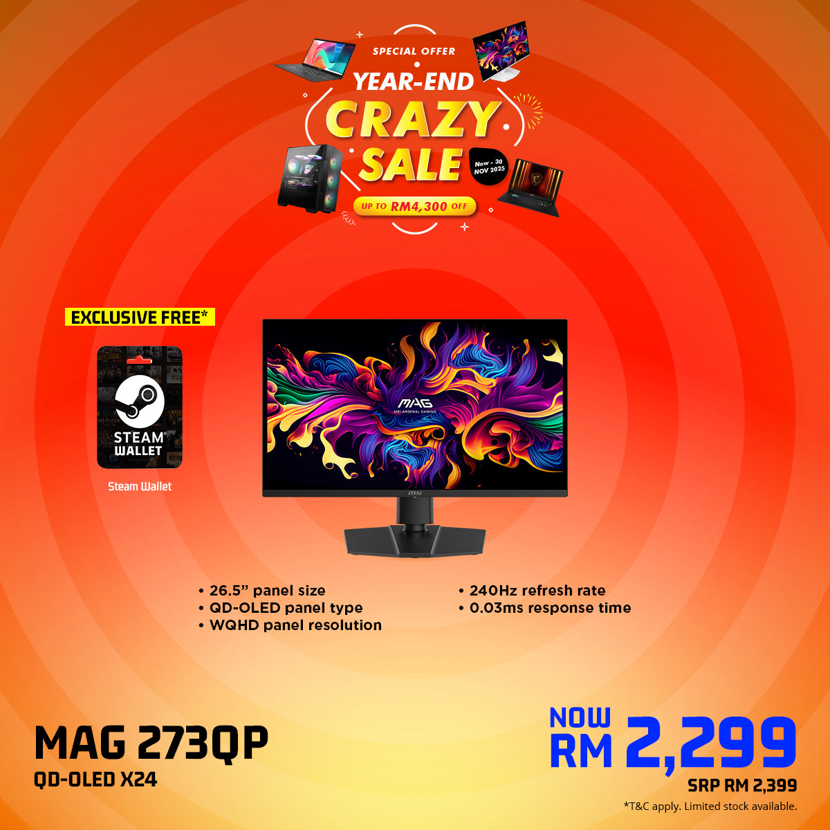 MSI MAG 273QP QD-OLED X24 26.5" WQHD 240Hz Gaming Monitor