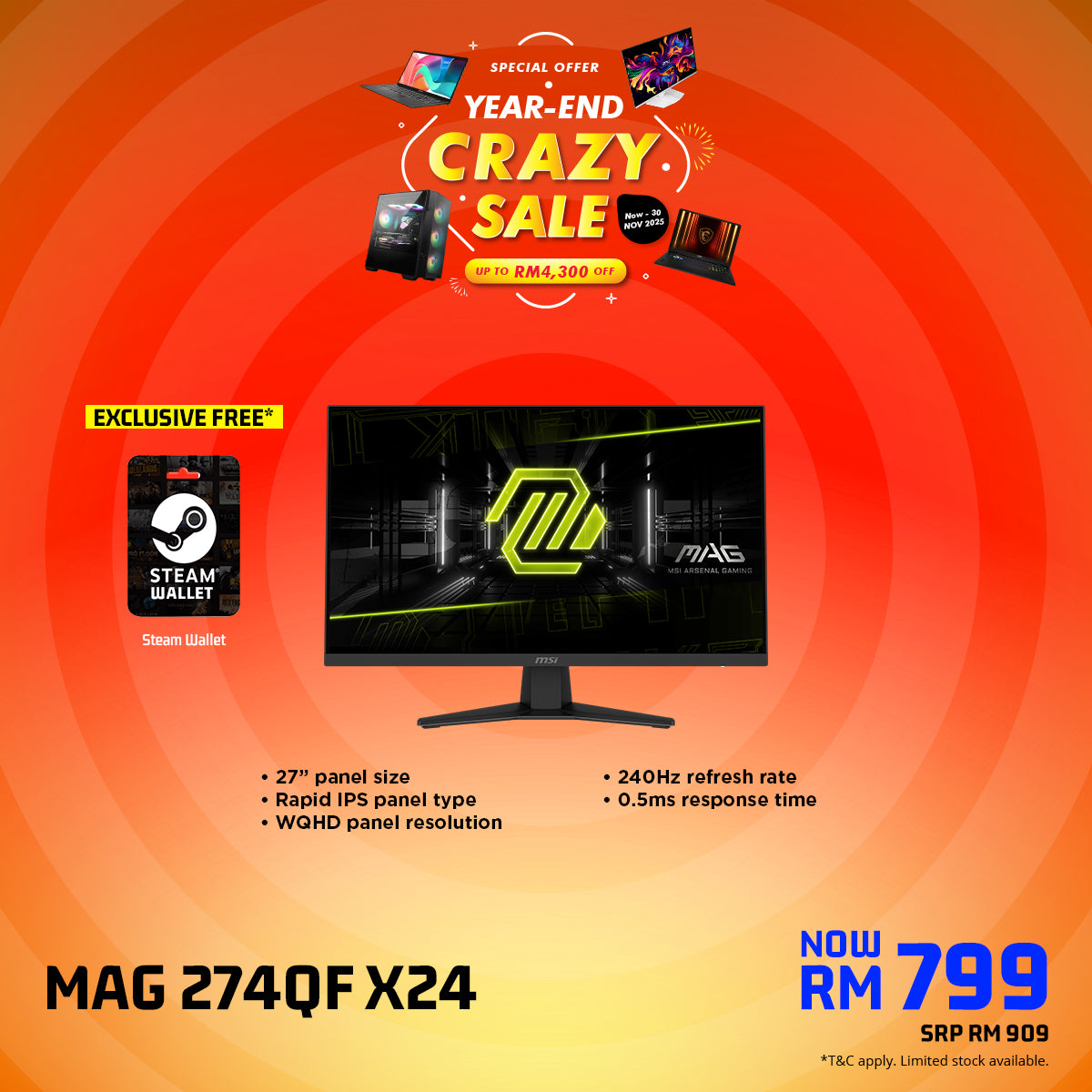MSI MAG 274QF X24 27" WQHD 240Hz Rapid IPS Gaming Monitor