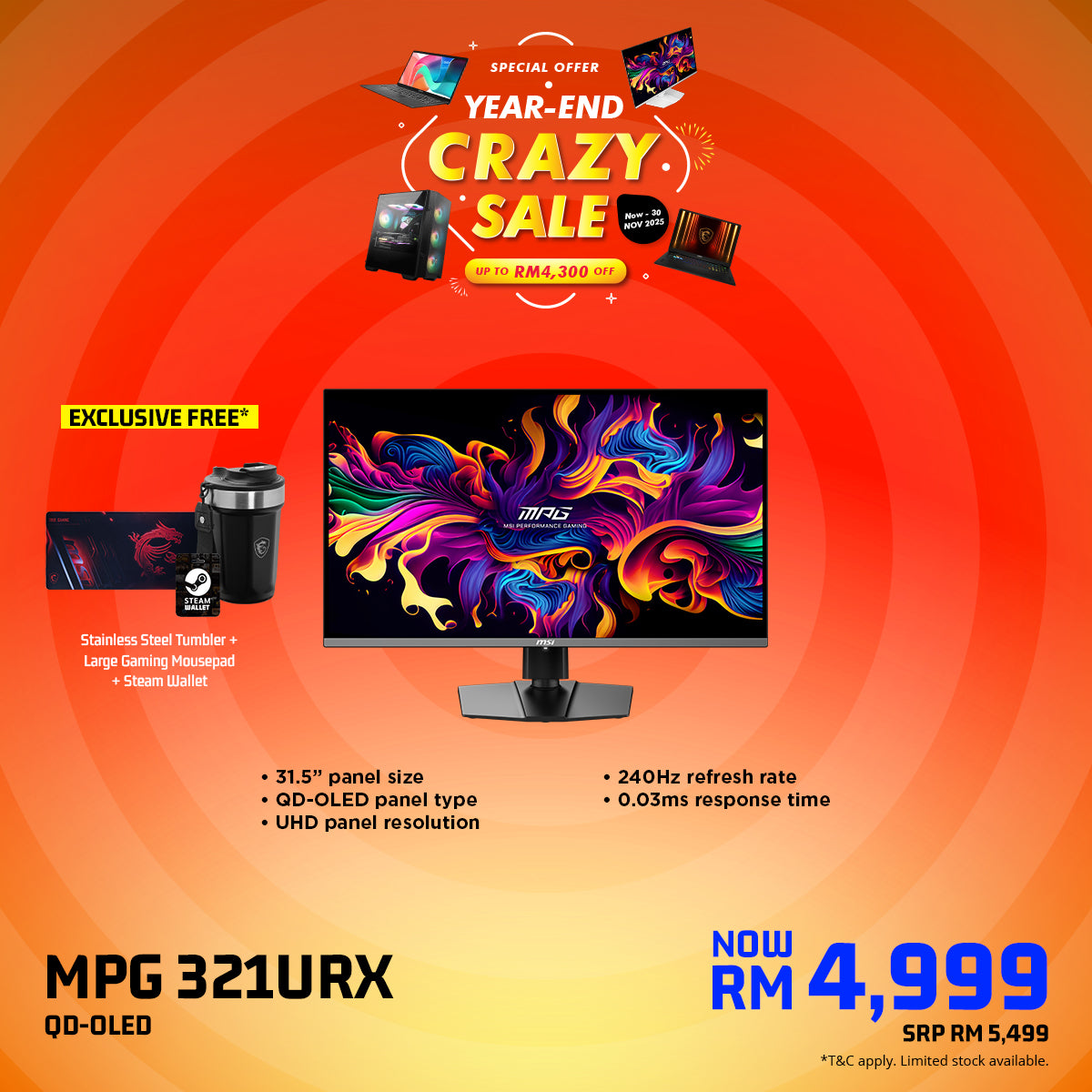 MSI MPG 321URX QD-OLED 31.5" 240Hz Gaming Monitor