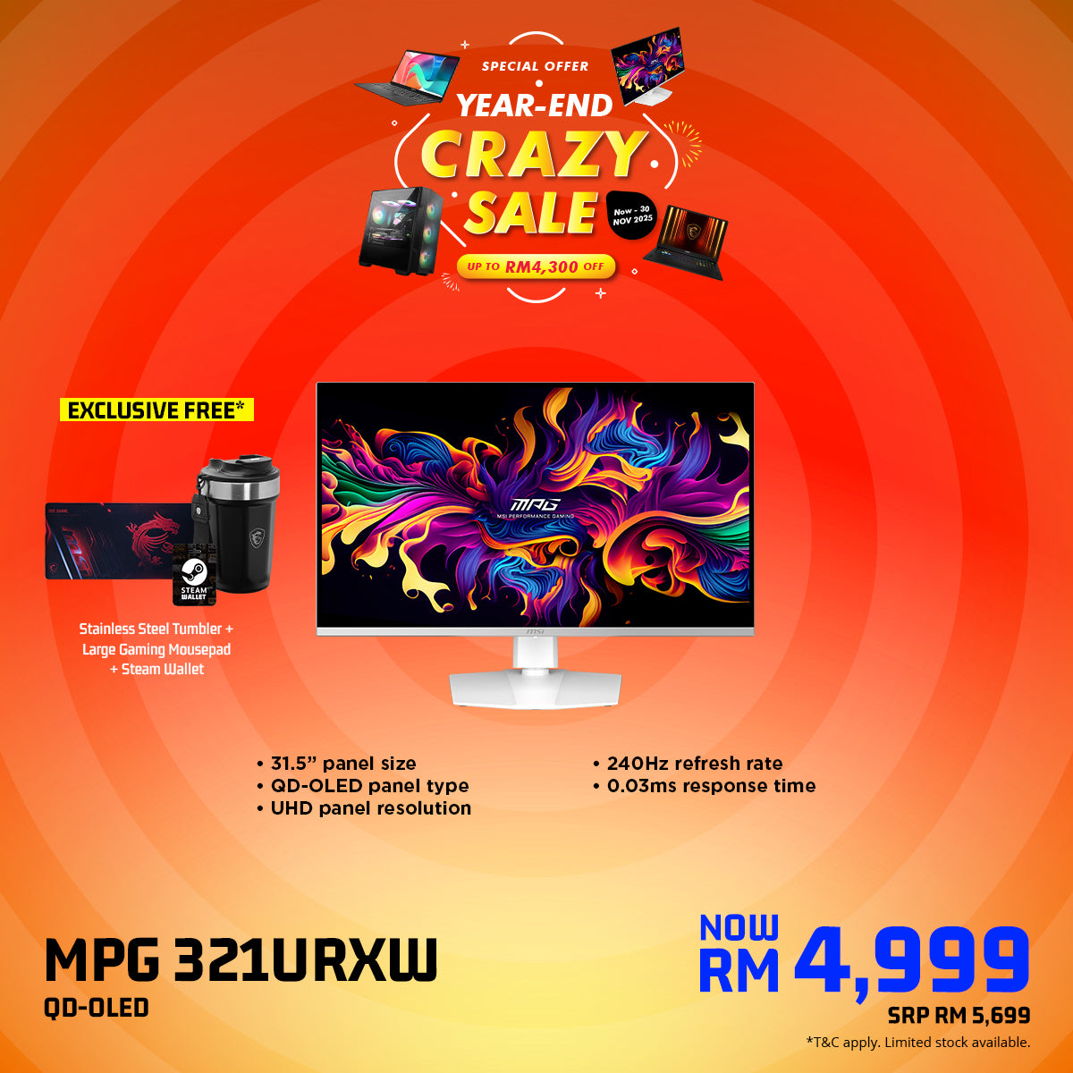 MSI MPG 321URXW QD-OLED 31.5" 4K UHD 240Hz White Gaming Monitor