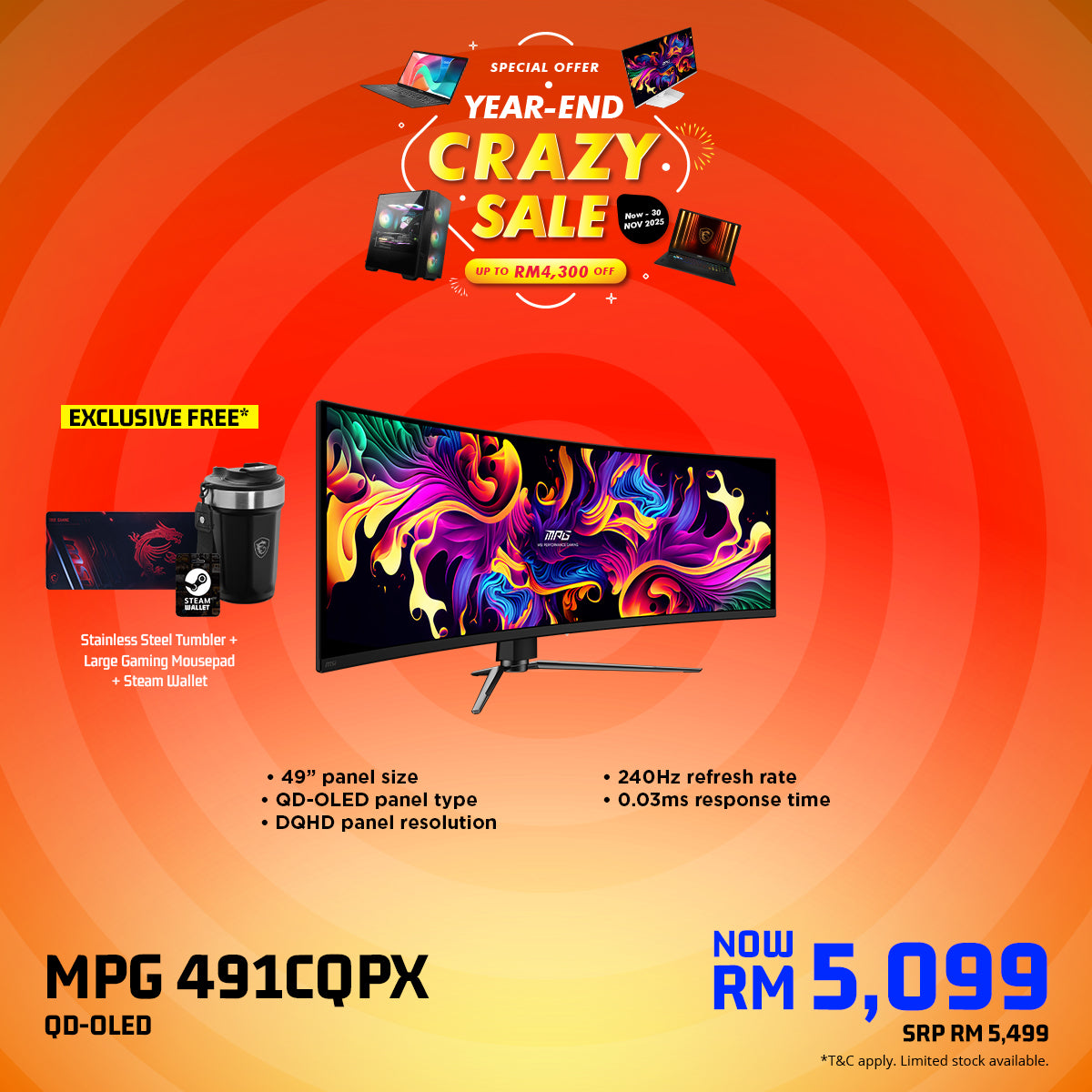 MSI MPG 491CQPX QD-OLED Gaming Monitor (48.9 Inch | DQHD | Curved | QD-OLED | 240Hz | 3Y)