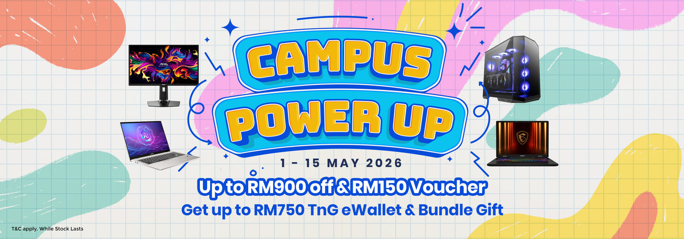 Promotional banner for 'Campus Power Up' event with colorful graphics and text.