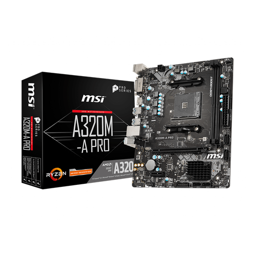 MSI A320M-A PRO (MATX) motherboard with its packaging box displayed on a black background.