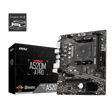 MSI A520M-A PRO (MATX) motherboard with its packaging box displayed on a black background.