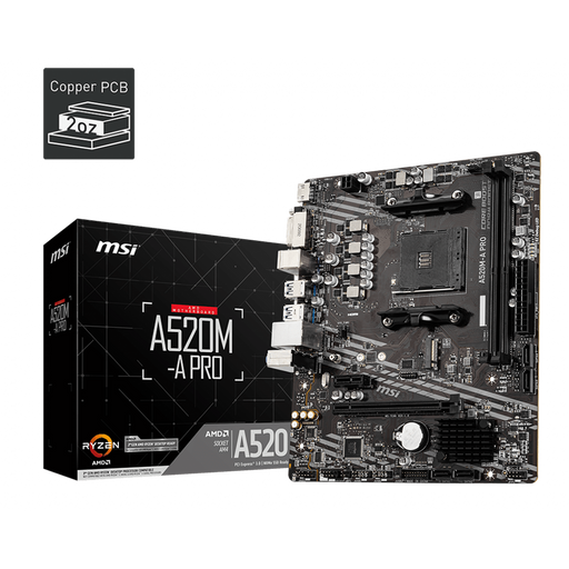 MSI A520M-A PRO (MATX) motherboard with its packaging box displayed on a black background.