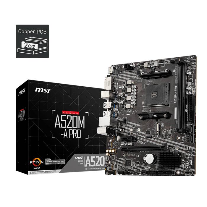 MSI A520M-A PRO (MATX) motherboard with its packaging box displayed on a black background.