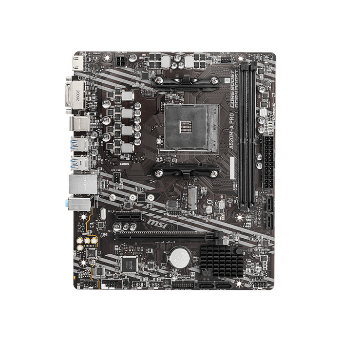 MSI A520M-A PRO (MATX) motherboard displayed on a black background.
