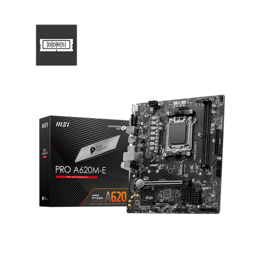 MSI Pro A620M-E motherboard with its packaging box displayed on a black background.