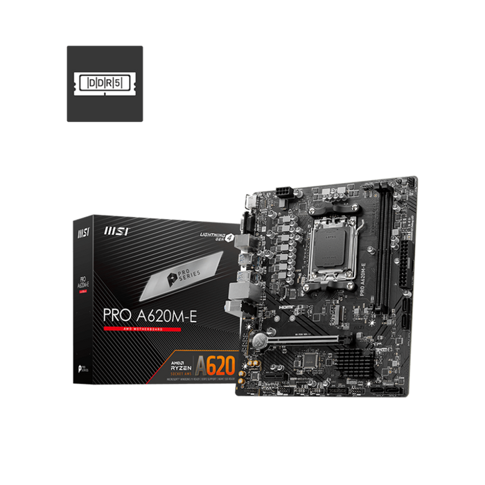 MSI Pro A620M-E motherboard with its packaging box displayed on a black background.