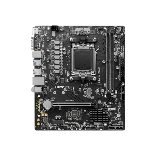 MSI Pro A620M-E motherboard displayed on a black background.