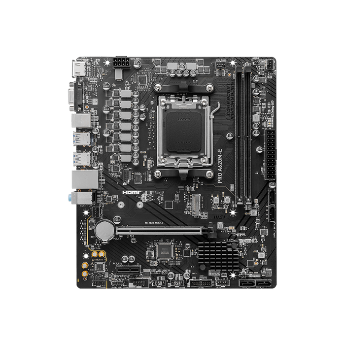 MSI Pro A620M-E motherboard displayed on a black background.