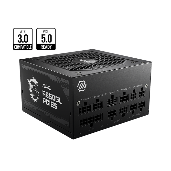 MAG A850GL Gaming Power Supply Unit, ATX 3.0 Compatible, PCIe 5.0, For A Computer With Visible Brand Logo On The Top And Various Connectors On The Side.