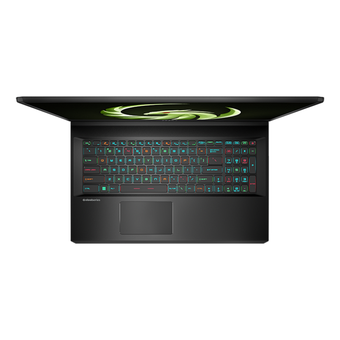 17.3 inch QHD display with MSI slogan. Green eagle with red eyes. RGB per-key lit keyboard, trackpad, and Steelseries logo.