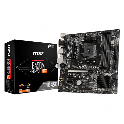 Msi b450m pro-vdh max motherboard with its packaging box displayed on a black background.