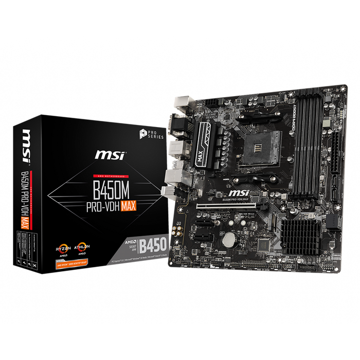 Msi b450m pro-vdh max motherboard with its packaging box displayed on a black background.