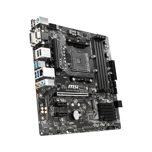 Msi b450m pro-vdh max motherboard displayed on a black background.