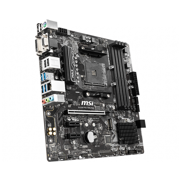 Msi b450m pro-vdh max motherboard displayed on a black background.