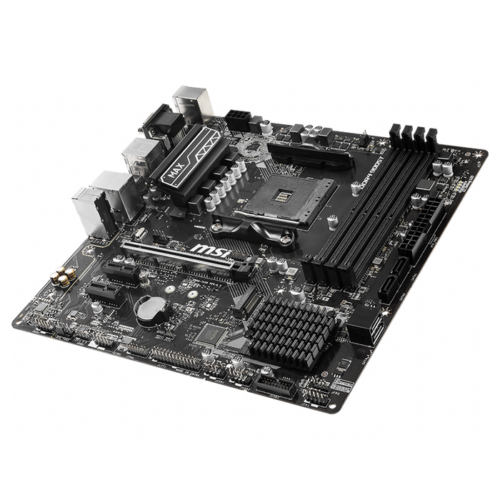 Msi b450m pro-vdh max motherboard displayed on a black background.