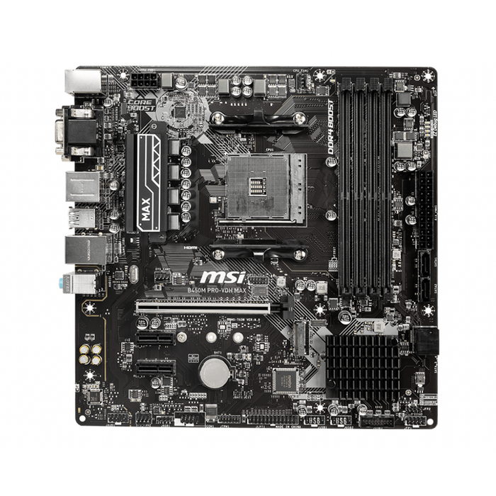 Msi b450m pro-vdh max motherboard displayed on a black background.