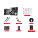 MAG B550M MORTAR MAX WIFI (MATX) motherboard with its packaging box with miscellaneous parts displayed on a black background.