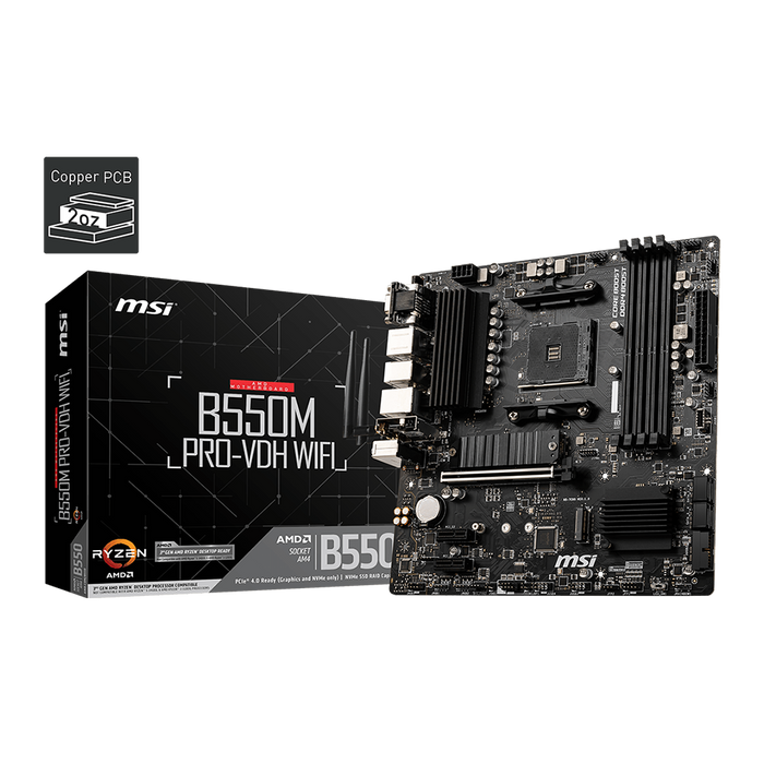 Msi b550m pro-board vdh wifi motherboard with its packaging box displayed on a black background.