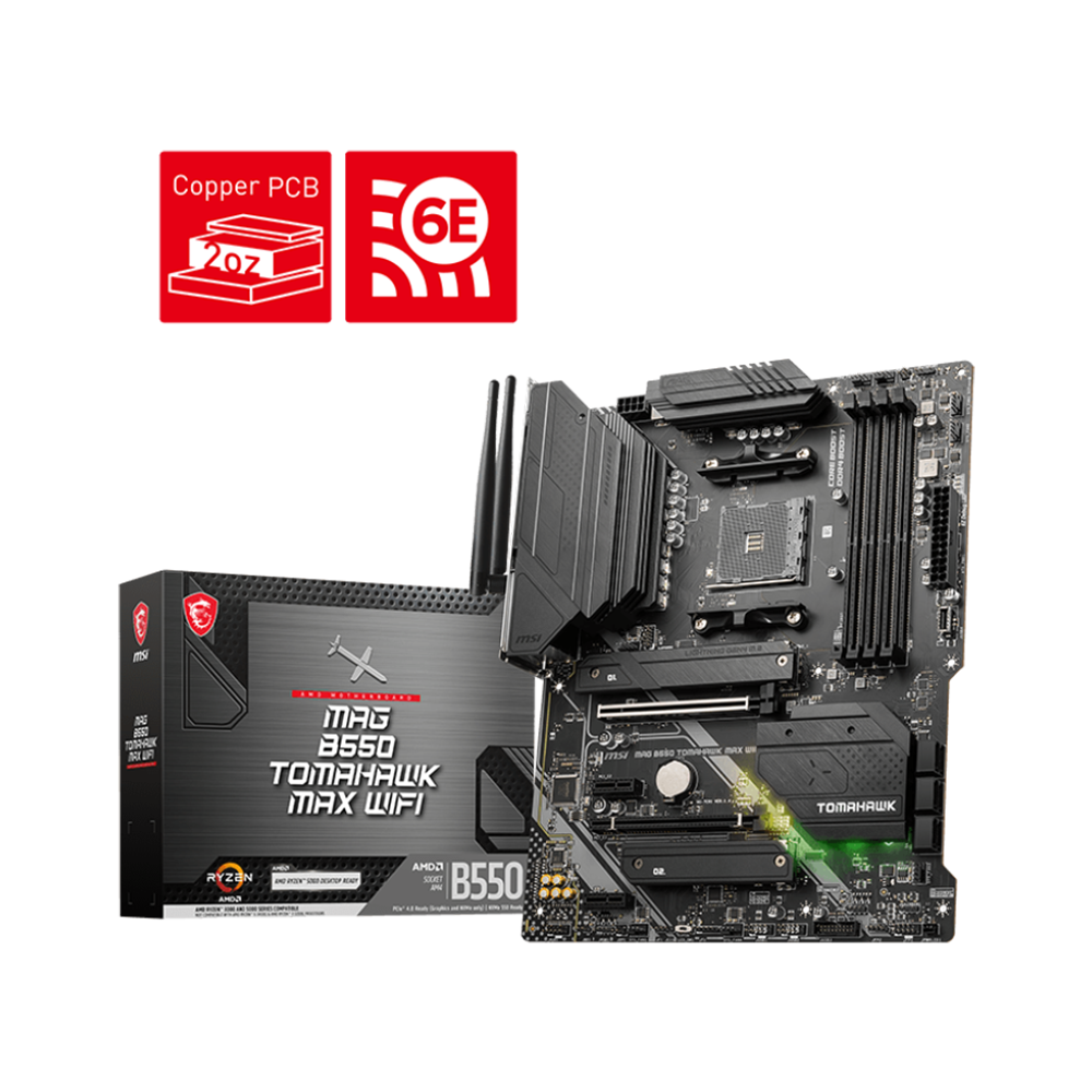 MAG B550 Tomahawk Max Wifi ATX AMD motherboard with its packaging box displayed on a black background.