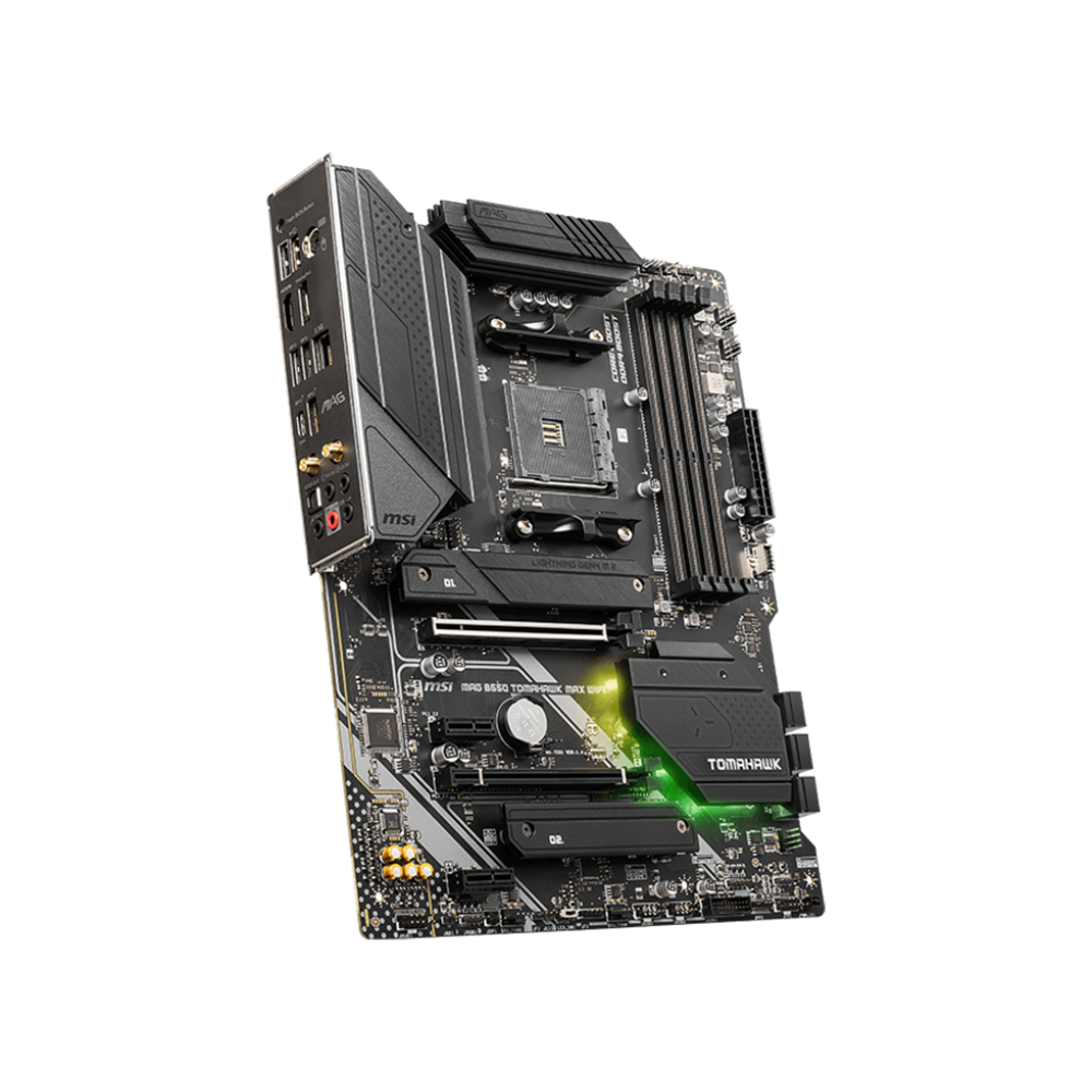 MAG B550 Tomahawk Max Wifi ATX AMD motherboard with its packaging box displayed on a black background.