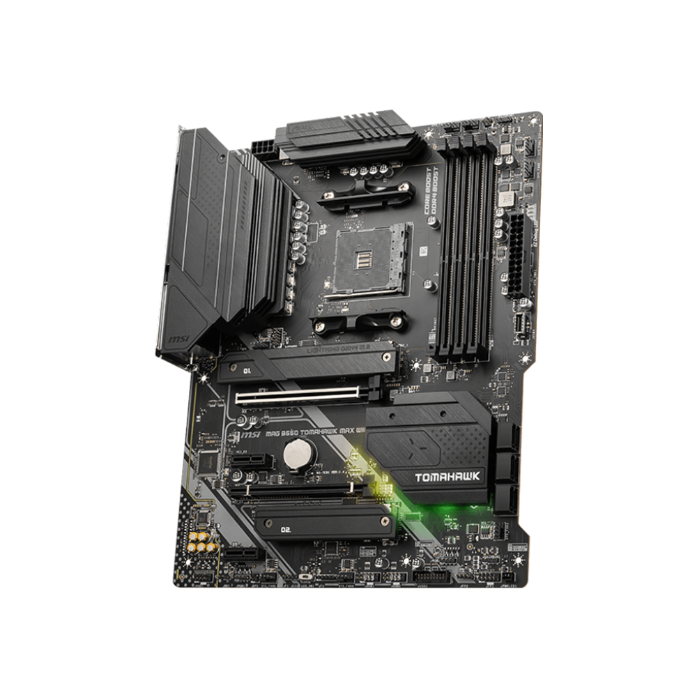 MAG B550 Tomahawk Max Wifi ATX AMD motherboard with its packaging box displayed on a black background.