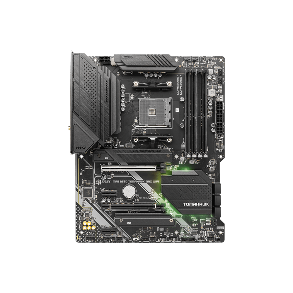 MAG B550 Tomahawk Max Wifi ATX AMD motherboard with its packaging box displayed on a black background.