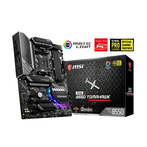 MSI MAG B550 Tomahawk Gaming Motherboard (ATX) motherboard with its packaging box displayed on a black background 