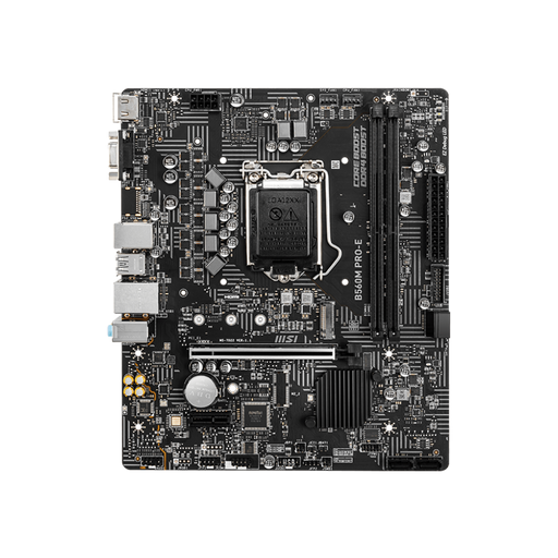 MSI B560M PRO-E motherboard with its packaging box displayed on a black background.