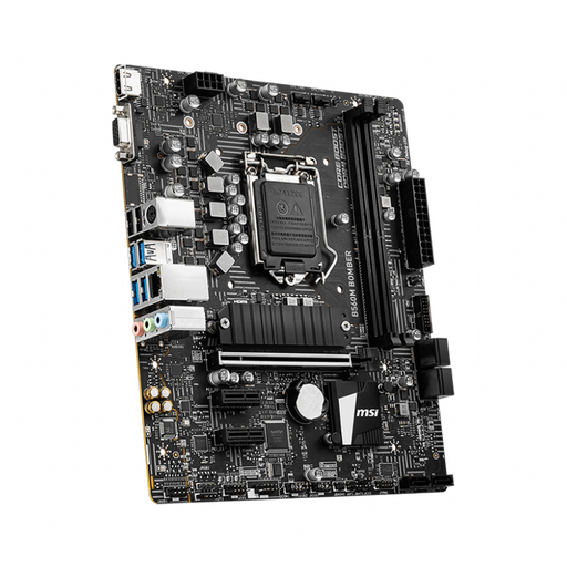 MSI B560M BOMBER (MATX) motherboard with its packaging box displayed on a black background.