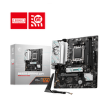 MSI B650M Gaming Wifi MaTX AMD Gaming motherboard with its packaging box displayed on a black background.