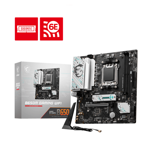 MSI B650M Gaming Wifi MaTX AMD Gaming motherboard with its packaging box displayed on a black background.