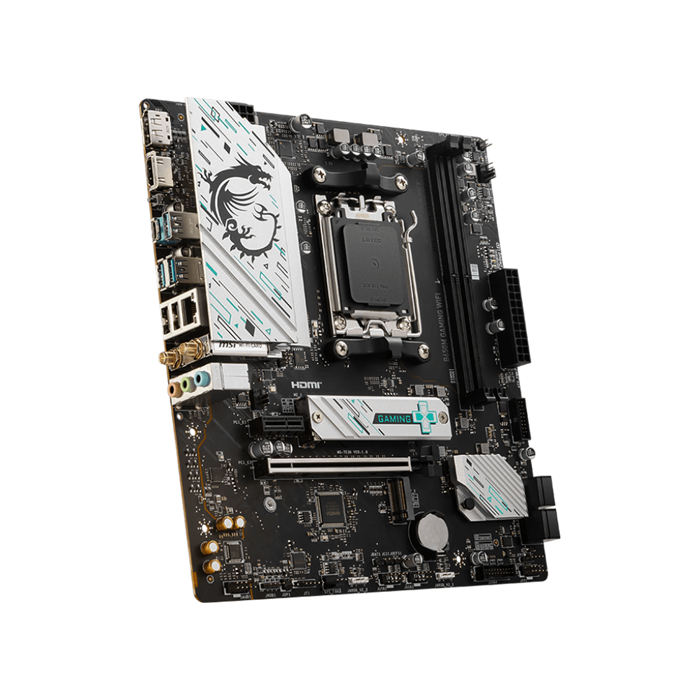 MSI B650M Gaming Wifi MaTX AMD Gaming motherboard displayed on a black background.
