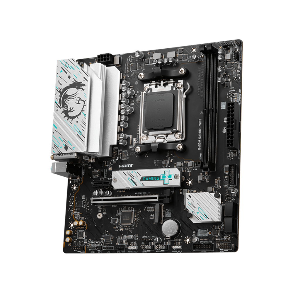 MSI B650M Gaming Wifi MaTX AMD Gaming motherboard displayed on a black background.