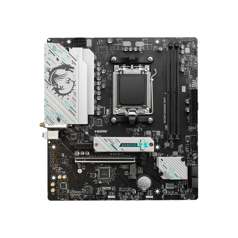 MSI B650M Gaming Wifi MaTX AMD Gaming motherboard displayed on a black background.