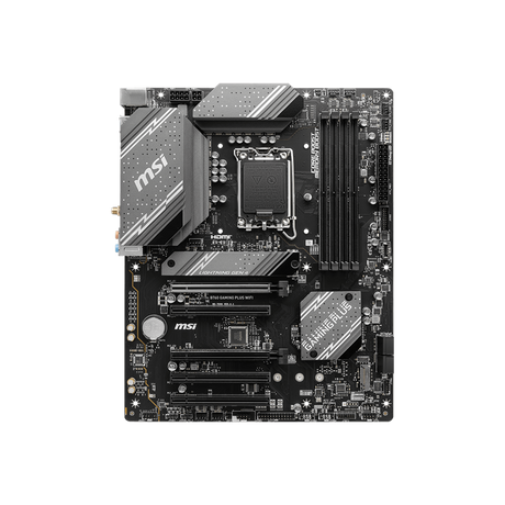 MSI B760 Gaming Plus Wifi ATX Gaming motherboard displayed on a black background. 