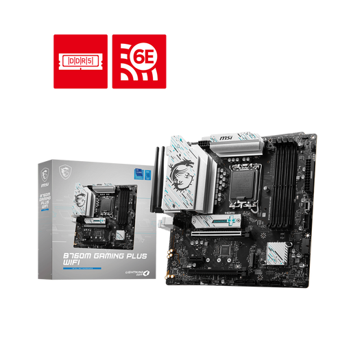 B760M Gaming Plus Wifi MaTX motherboard with its packaging box displayed on a black background.