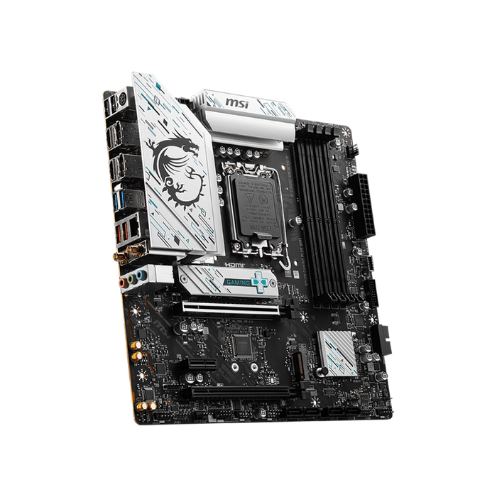 B760M Gaming Plus Wifi MaTX motherboard displayed on a black background.