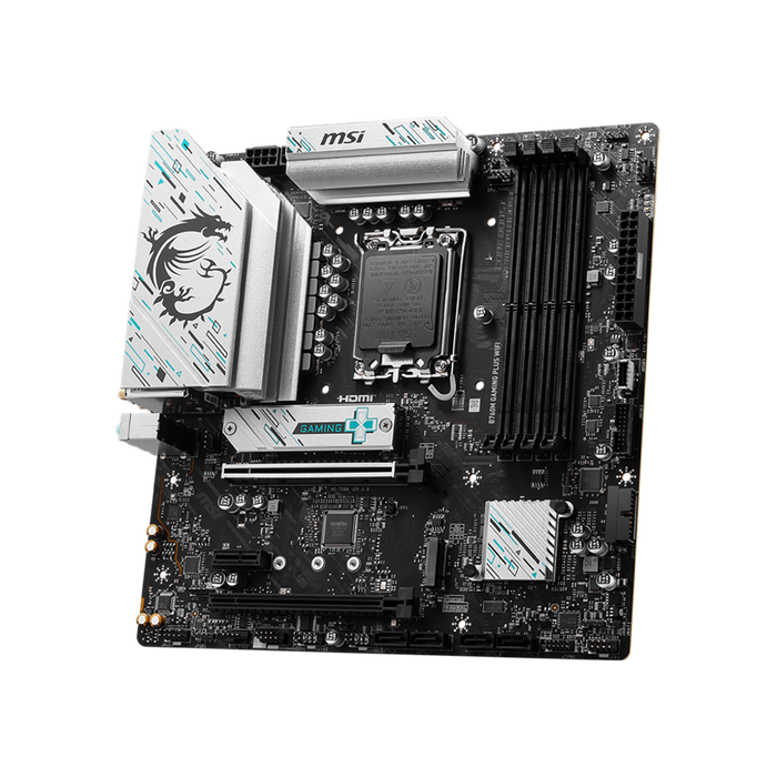 B760M Gaming Plus Wifi MaTX motherboard displayed on a black background.