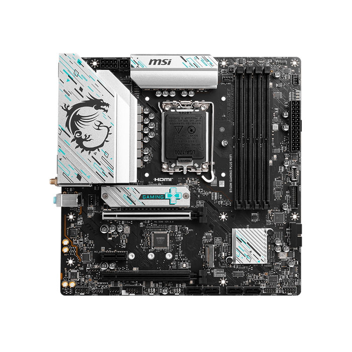 B760M Gaming Plus Wifi MaTX motherboard displayed on a black background.