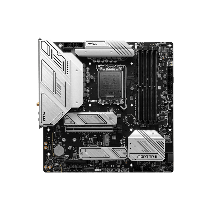 MSI MAG B760M Mortar Wifi II MaTX Gaming Motherboard Displayed On A Black Background.