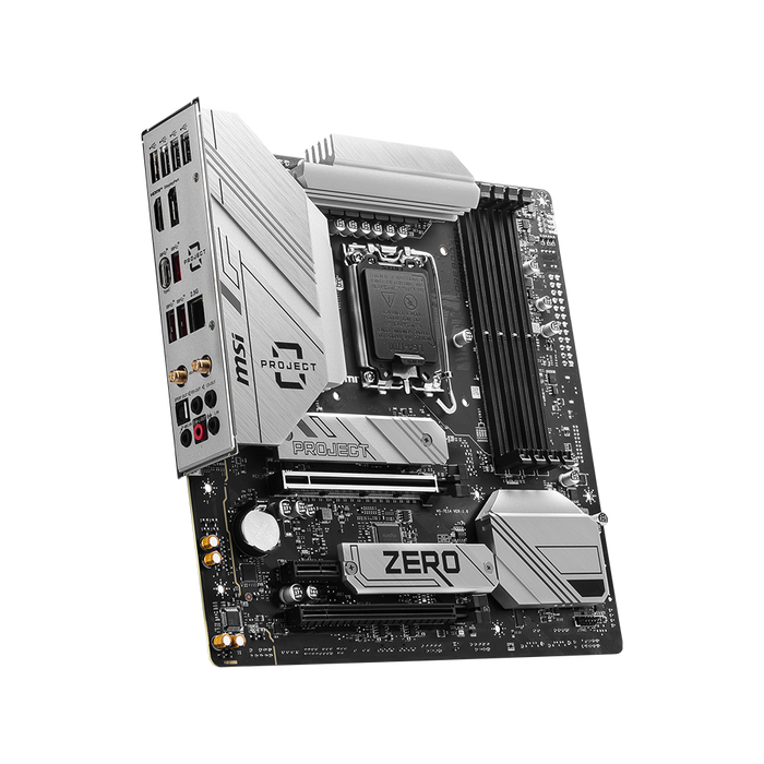 B760M Project Zero Gaming motherboard displayed on a black background.