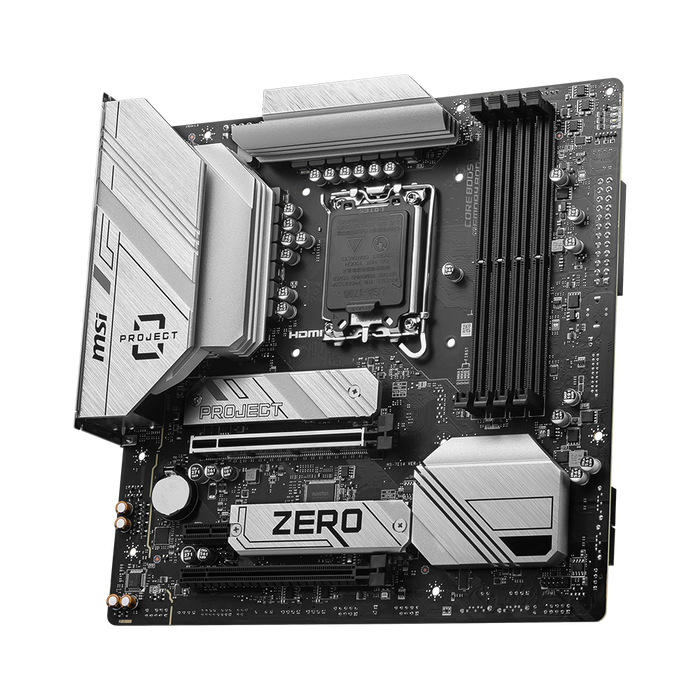 B760M Project Zero Gaming motherboard displayed on a black background.