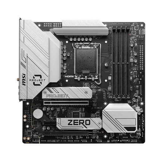 B760M Project Zero Gaming motherboard displayed on a black background.