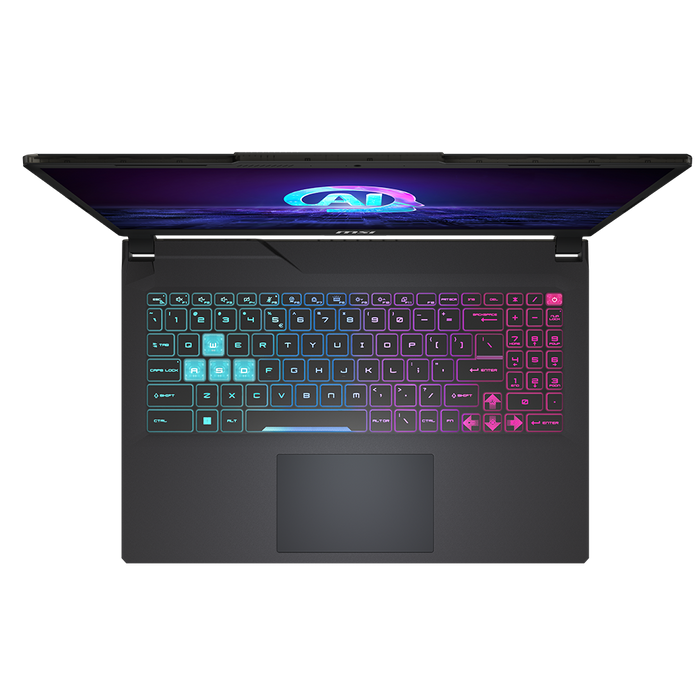 Cyborg 15 AI A1VEK 093 Gaming Laptop front cover Neon keyboard lit up with trackpad and built-in webcam