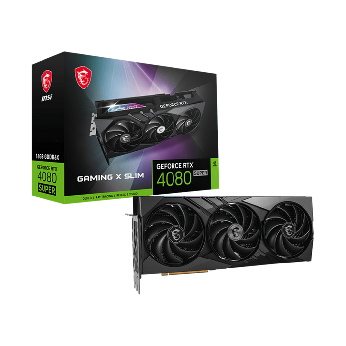 MSI RTX 4080 Super 16GB Gaming X Slim: 2610 MHz, 23 Gbps, DP x2, HDMI x2, TRI FROZR 3, TORX Fan 5.0, Copper Baseplate, Core Pipe. Packaging Box Included